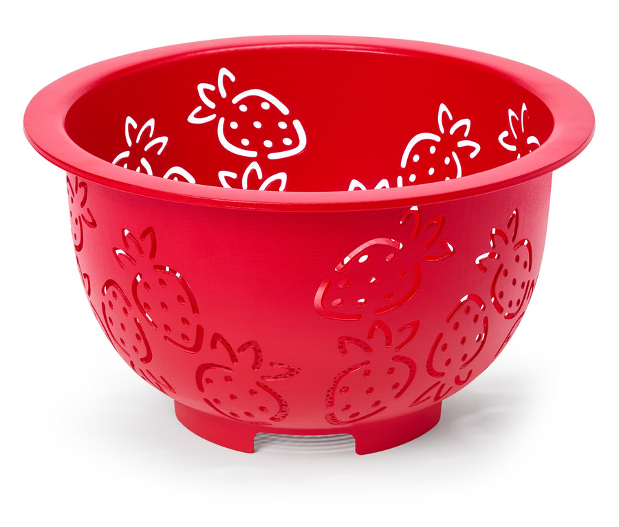 Piros szűrőedény eper mintával.