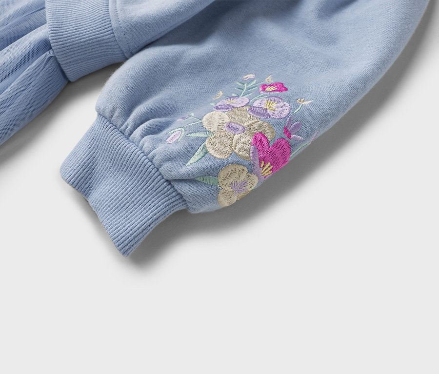 Egy világoskék pulóver közeli képe virágos hímzéssel az ujján és bordázott szegéllyel.