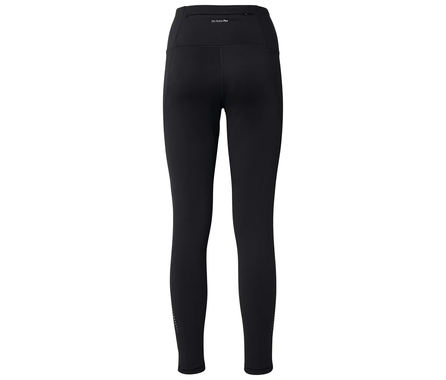 Fekete, hosszú, magas derekú leggings fényvisszaverő részletekkel a bokánál, hátulnézetből.