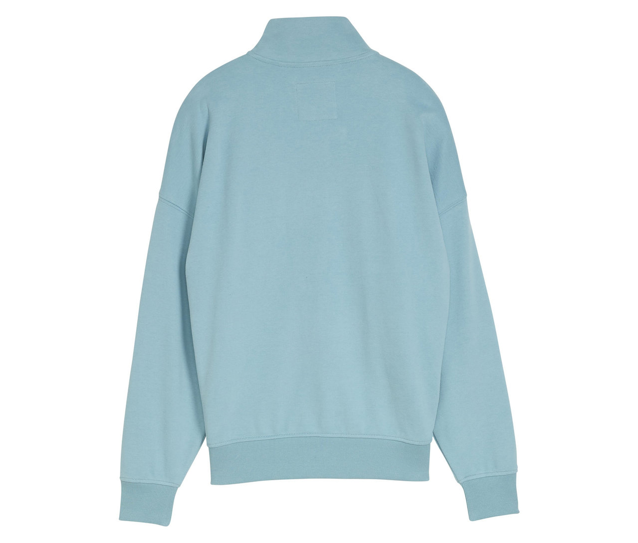 Világoskék pulóver félcipzárral a gallérnál, hátulnézet.