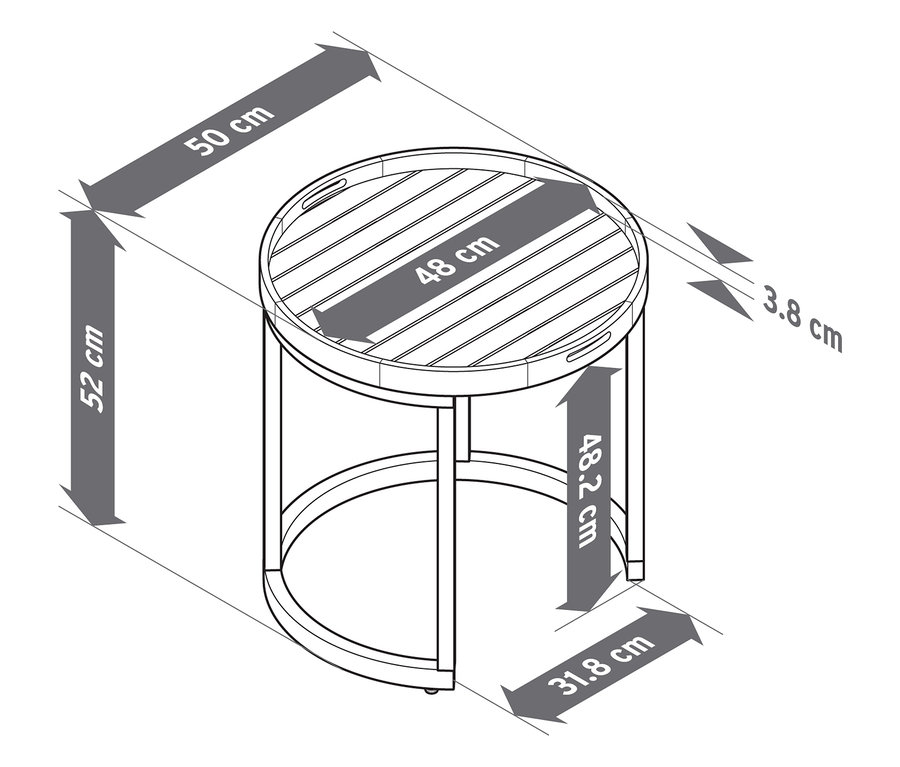 Két kerti asztal illusztrációja levehető tálcákkal, kb. 40 cm és 50 cm átmérővel, méretekkel.