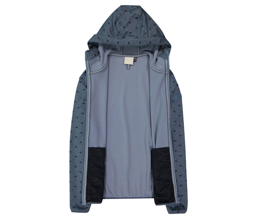 Nyitott, kék kapucnis pulóver sötét díszítéssel és zsebekkel.