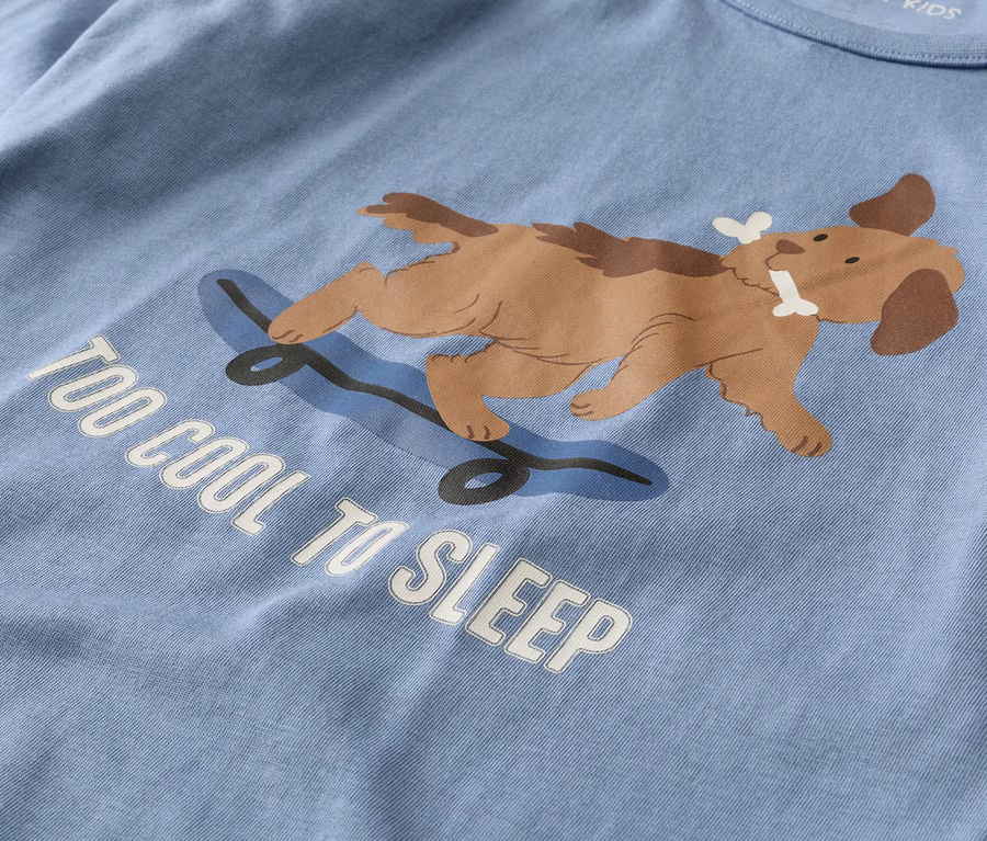 Világoskék póló barna kutyával, amely egy kék gördeszkán fekszik, csontot tartva a szájában. Alatta fehér betűkkel a "TOO COOL TO SLEEP" felirat olvasható.