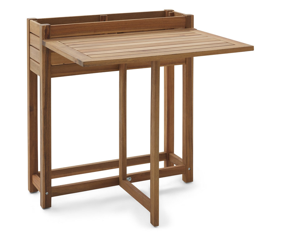 Egy barna fa asztal lehajtható asztallappal áll fehér háttér előtt.