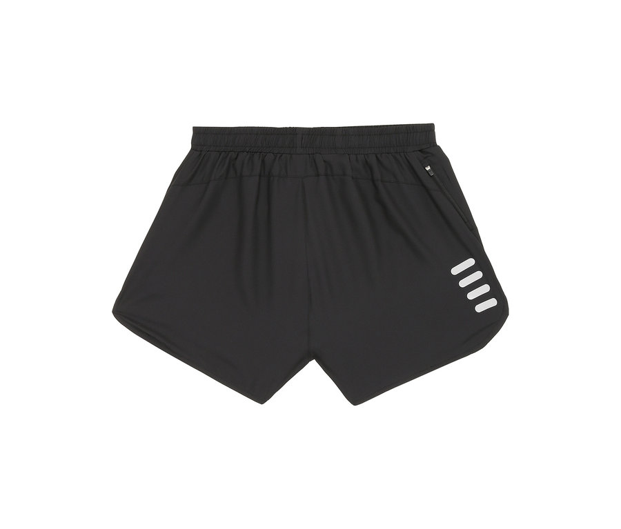 Közeli kép a fekete FILA Damen-Funktionsshorts rövidnadrágról, oldalán fehér csíkokkal.