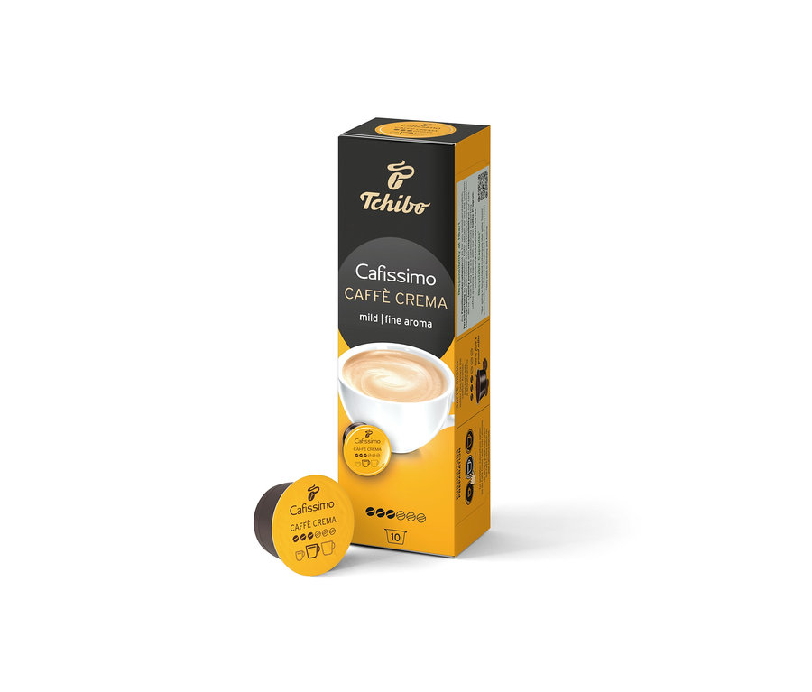 Egy doboz Cafissimo Caffè Crema mild és egy kapszula. A csomag 10 kapszulát tartalmaz.