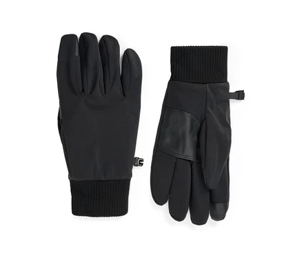 Egy pár fekete softshell kesztyű, az egyik tenyérrel felfelé, a másik tenyérrel lefelé, bordázott mandzsettával, texturált tenyérrel és kis rögzítőkapcsokkal.