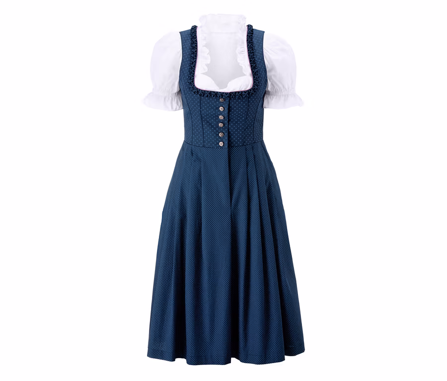 Kék dirndl fehér blúzzal.