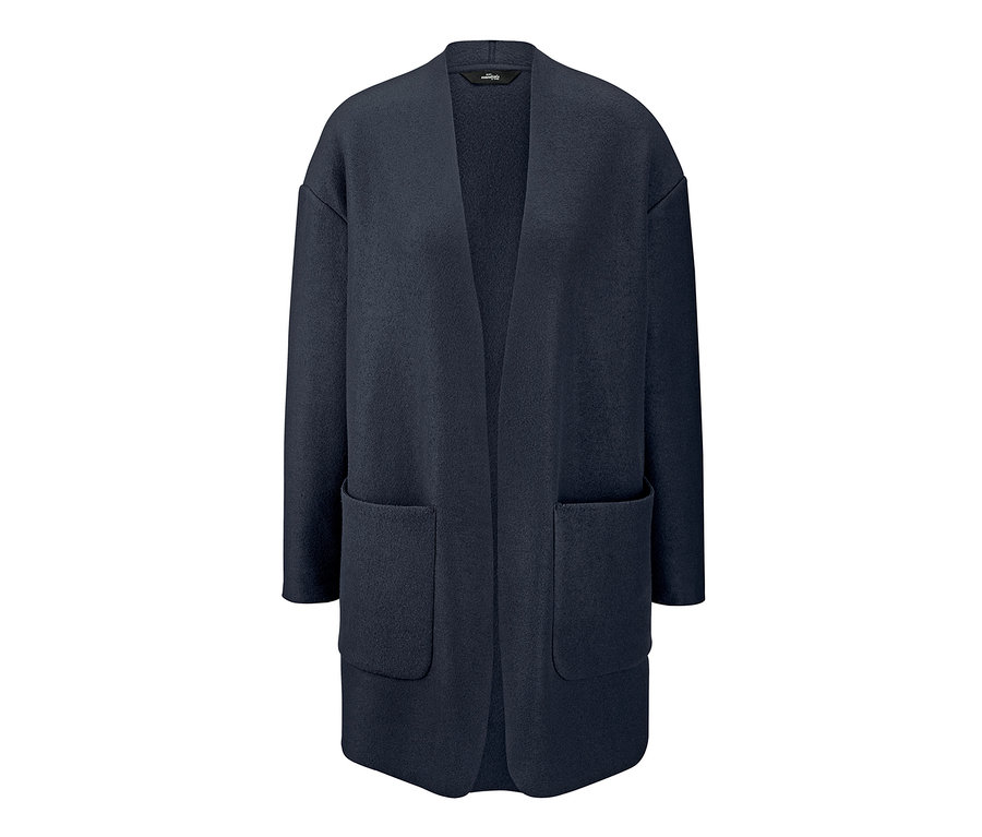 Egy kék női lezser kardigán, zsebekkel.