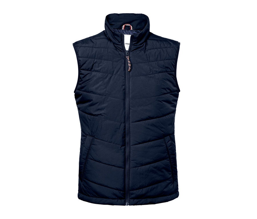 Sötétkék, cipzáras, steppelt férfi mellény.