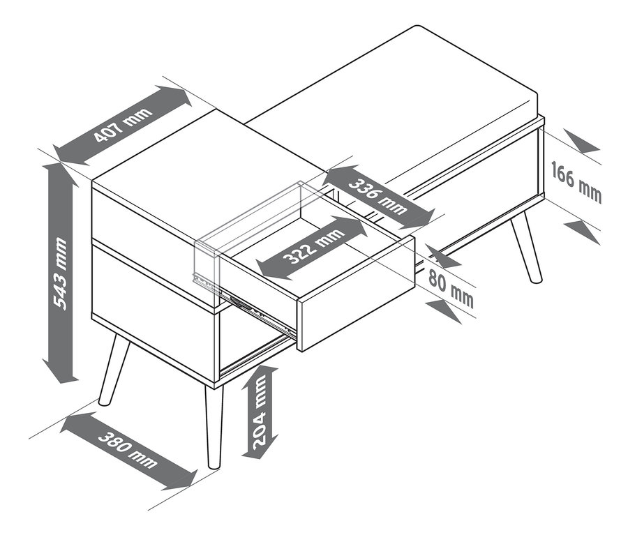Egy ülőpad vázlatos rajza cipőtárolóval, kihúzott fiókkal és méretekkel.