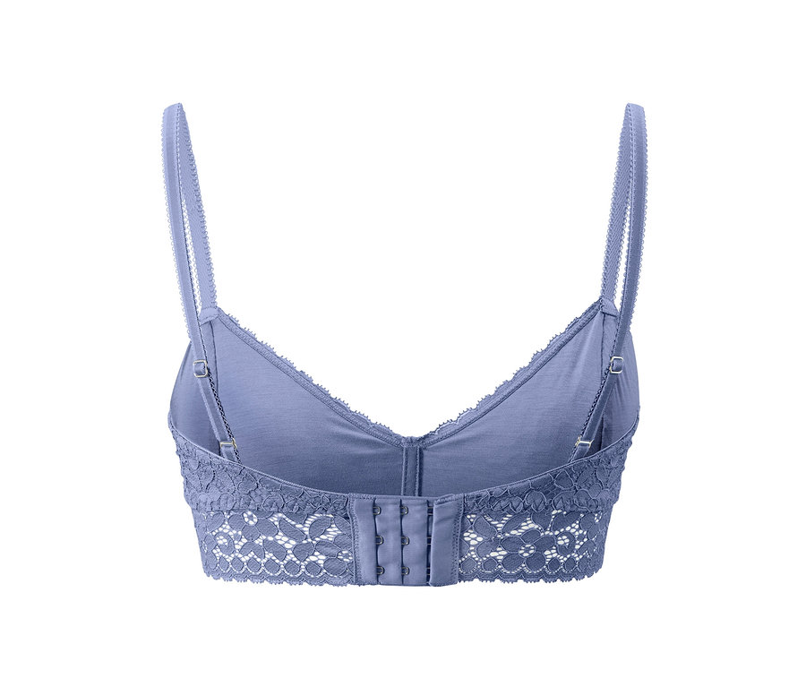 Kék, csipkés női bustier melltartó hátulnézete.