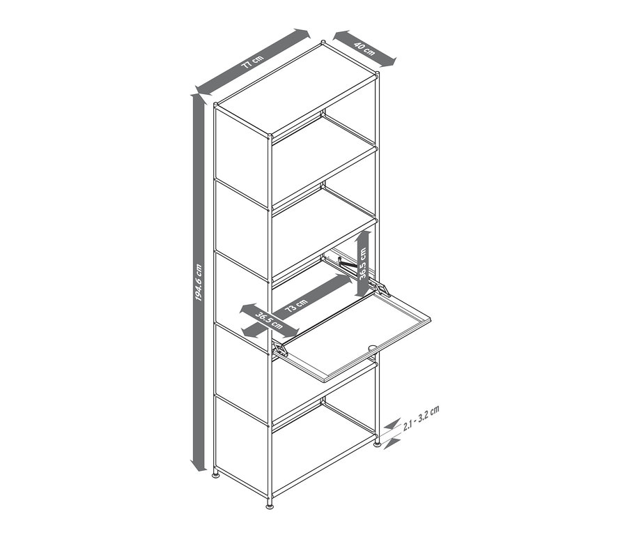 Ábra egy magas fémpolcról, CN3, lenyitható ajtóval, méretekkel.
