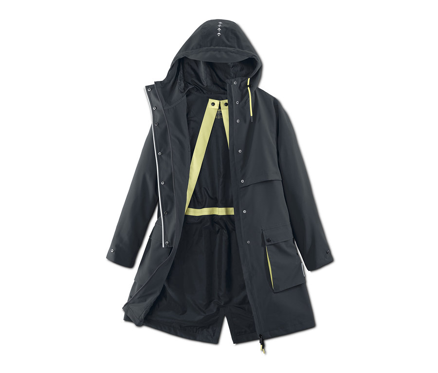 Nyitott, sötétszürke, kapucnis női funkcionális parka esőkabát.