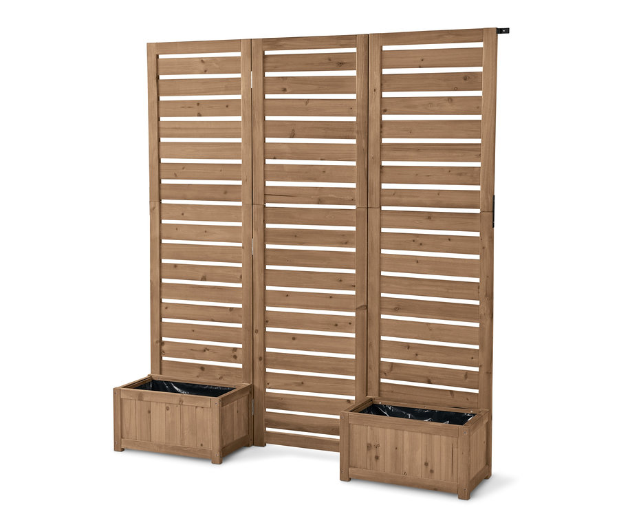 Három barna fa válaszfal virágládákkal, »Tinus« egymás mellett állnak.