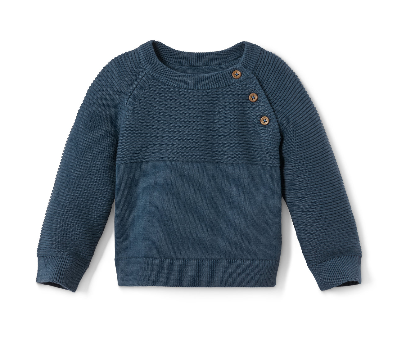 Kék kötött szabadidő szett pulóver gombokkal.