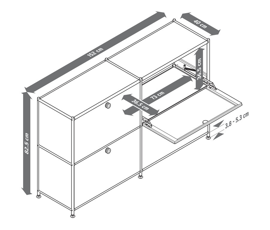 A »CN3« komód vázlatrajza négy lenyíló ajtóval, méretekkel.