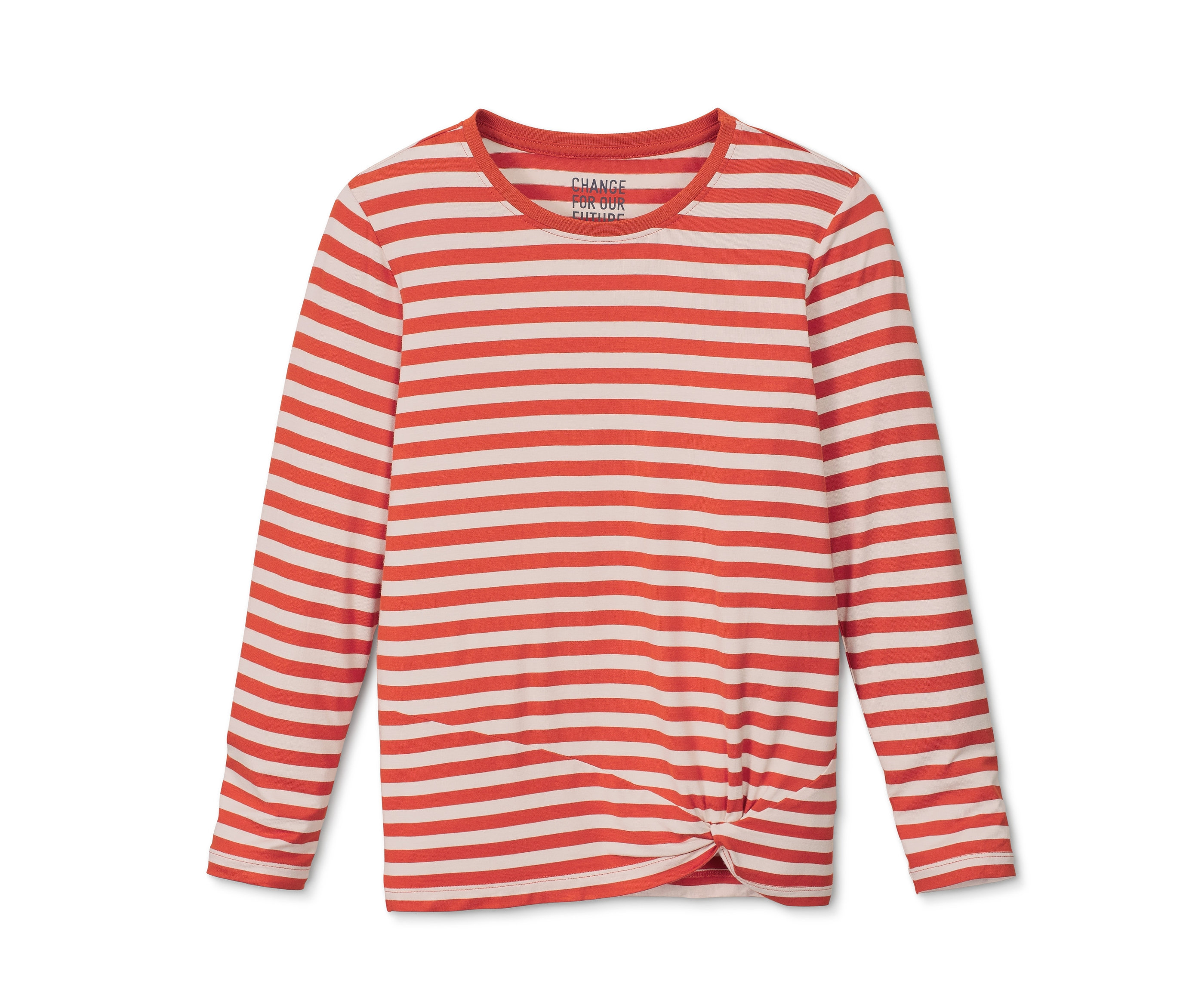 Csíkos, fehér és narancssárga hosszú ujjú lány felső, alján kötés részlettel.