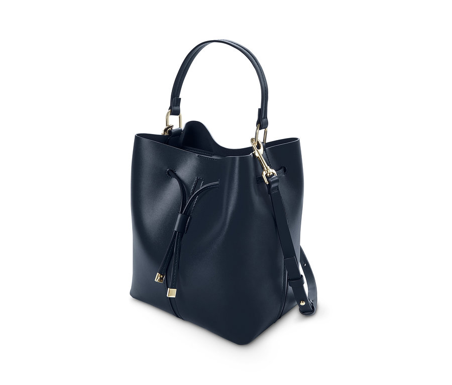 Sötétkék, műbőr női táska "Bucket Bag" húzózsinórral, fogantyúval.