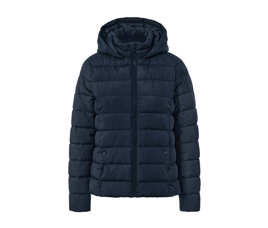 Sötétkék, steppelt, kapucnis női dzseki.