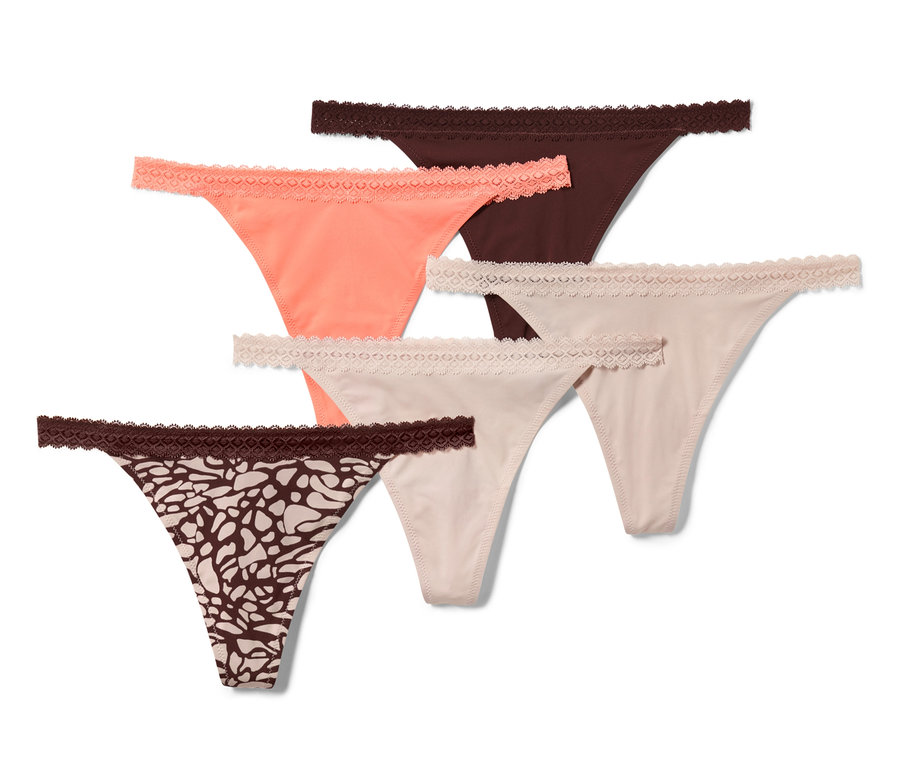 Öt tanga csipkével, barna, lazac és bézs színekben.