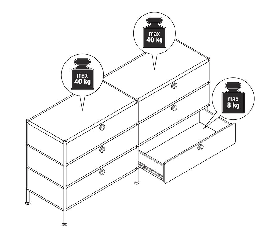 Egy »CN3« fém komód vázlata 6 fiókkal, egy fiókja nyitva.
