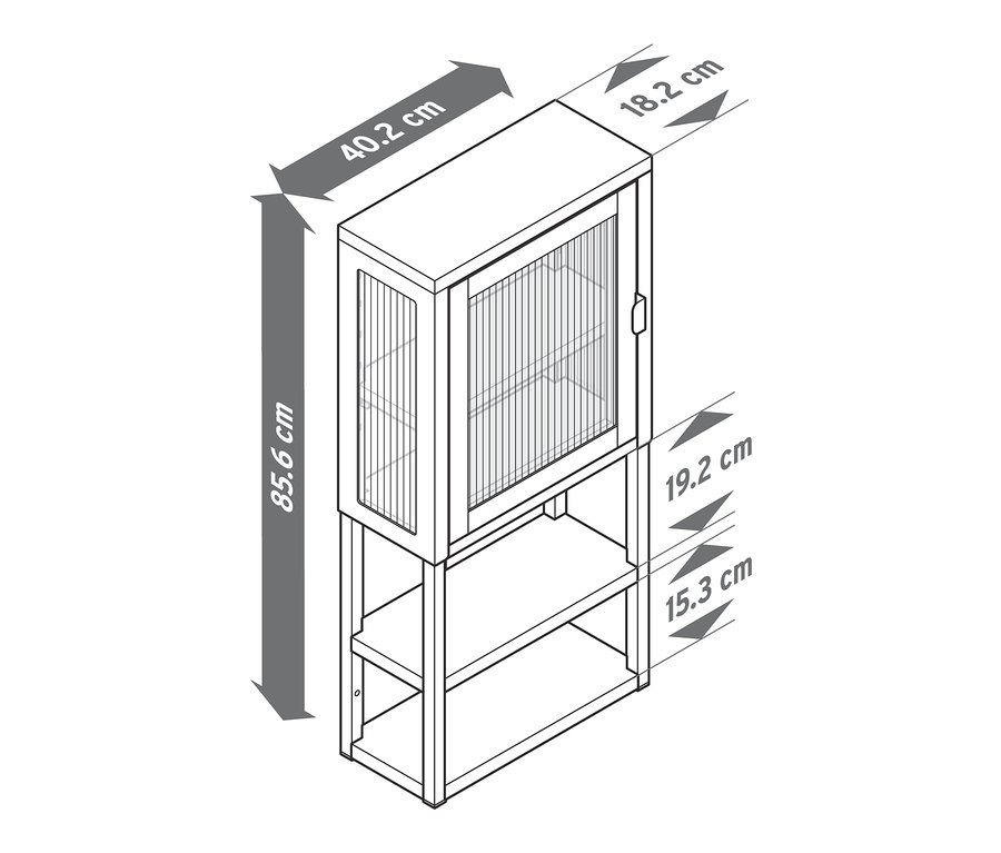 Egy fém falipolc, üvegajtóval, fekete színben méretekkel.