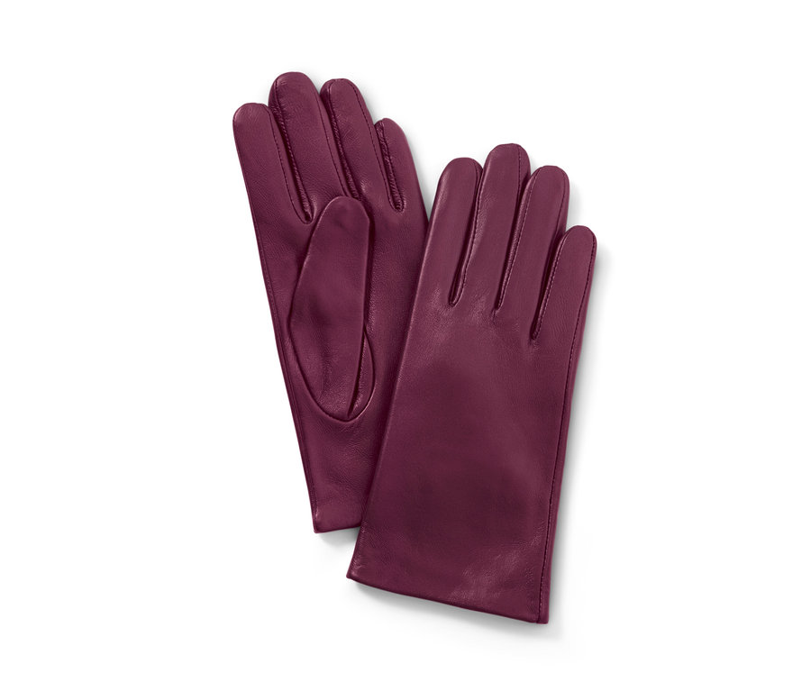 Két bogyószínű bőrkesztyű.