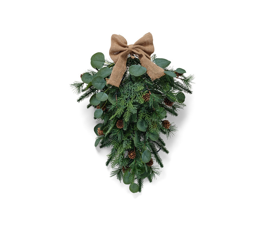 Zöld LED-es ajtódísz barna masnival és tobozokkal.