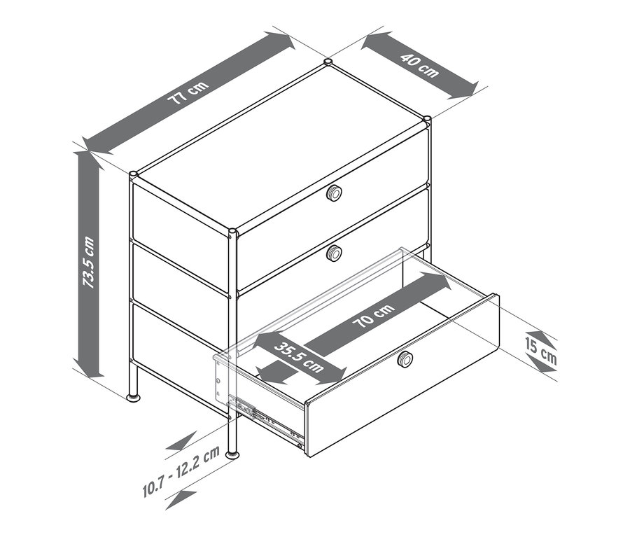A »CN3« fém komód 3 fiókkal méretei 73,5 x 77 x 40 cm, a kihúzott fiók mélysége 15 cm.