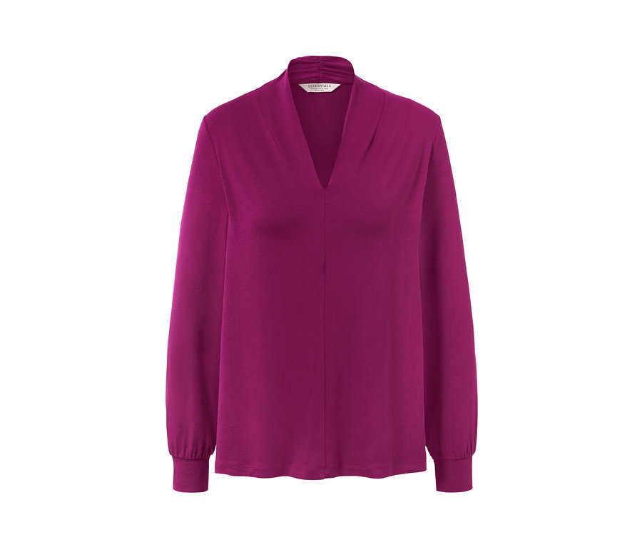 Málnaszínű, hosszú ujjú, V-nyakú női felső.