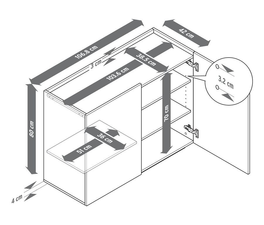 A szekrény méreteit nyilak jelzik.
