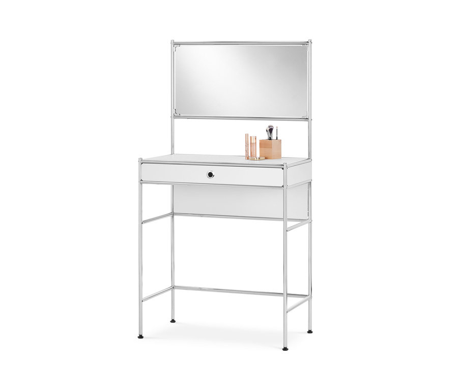 »CN3« fém sminkasztal tükörrel, fiókkal és kozmetikai termékekkel.