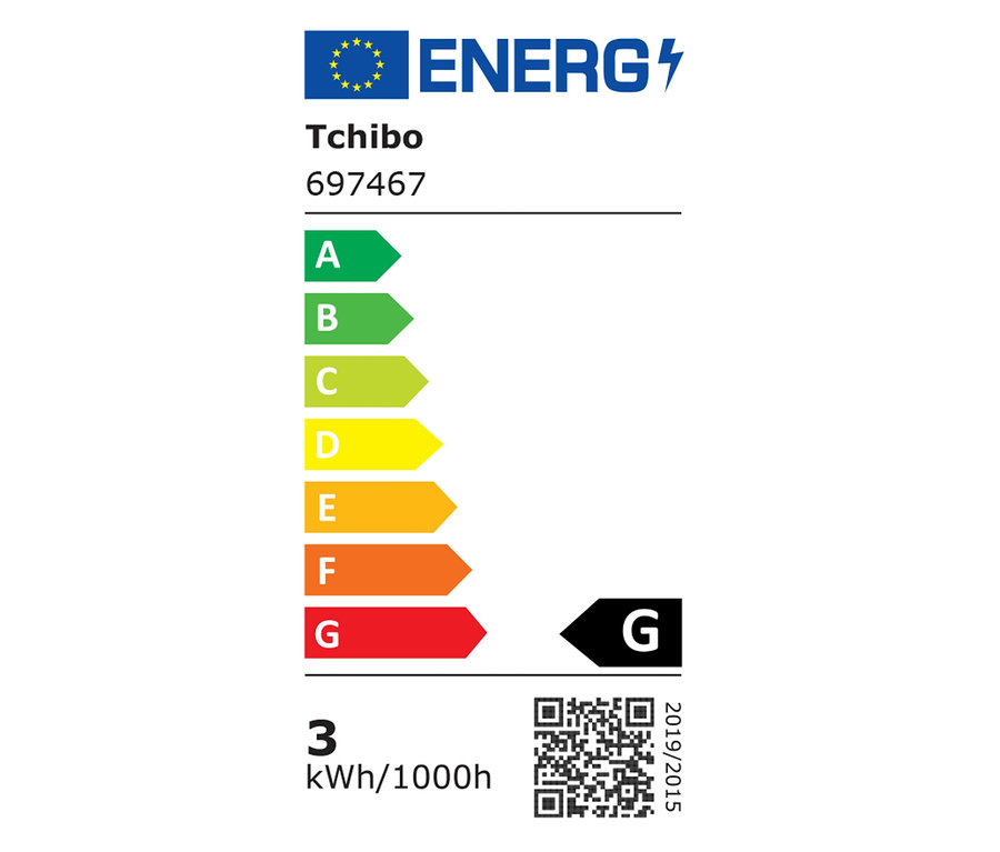 A Tchibo LED-es lámpa energiacímkéje A-tól G-ig terjedő energiahatékonysági osztályokkal.