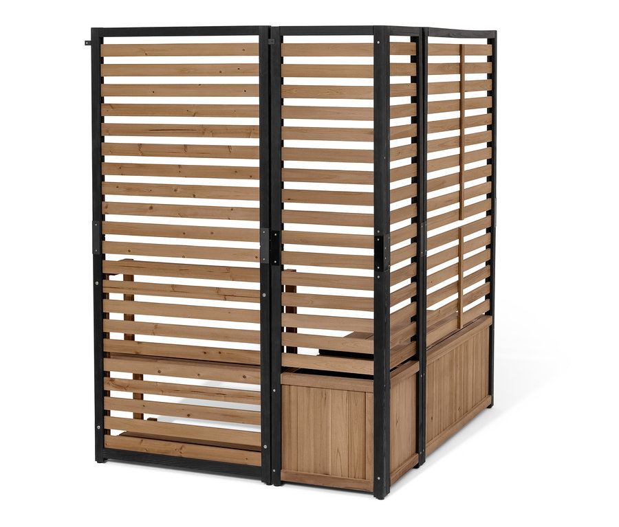 Két »Elin« belátásgátló polcmodul vízszintes lécekkel és fekete kerettel.