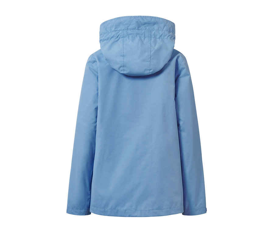 Világoskék, kapucnis női softshell kabát hátulról.