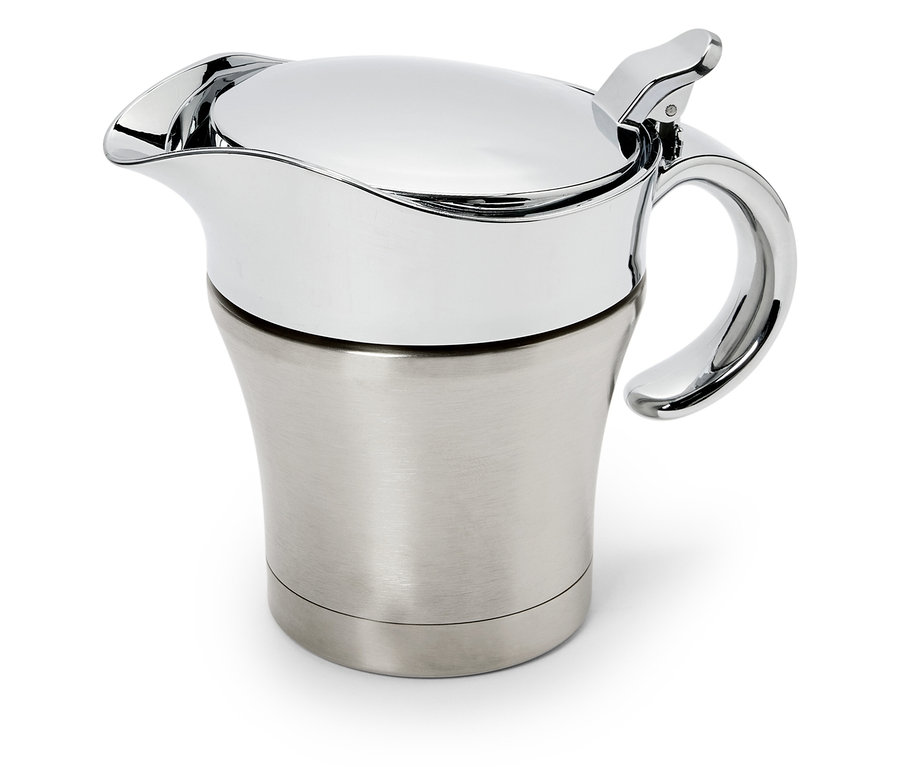 Egy rozsdamentes acél termosz krómozott fedéllel és fogantyúval.