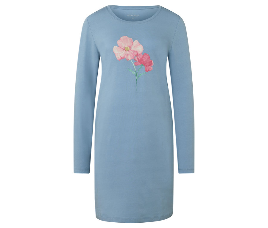 Kék hálóing virágmintával.