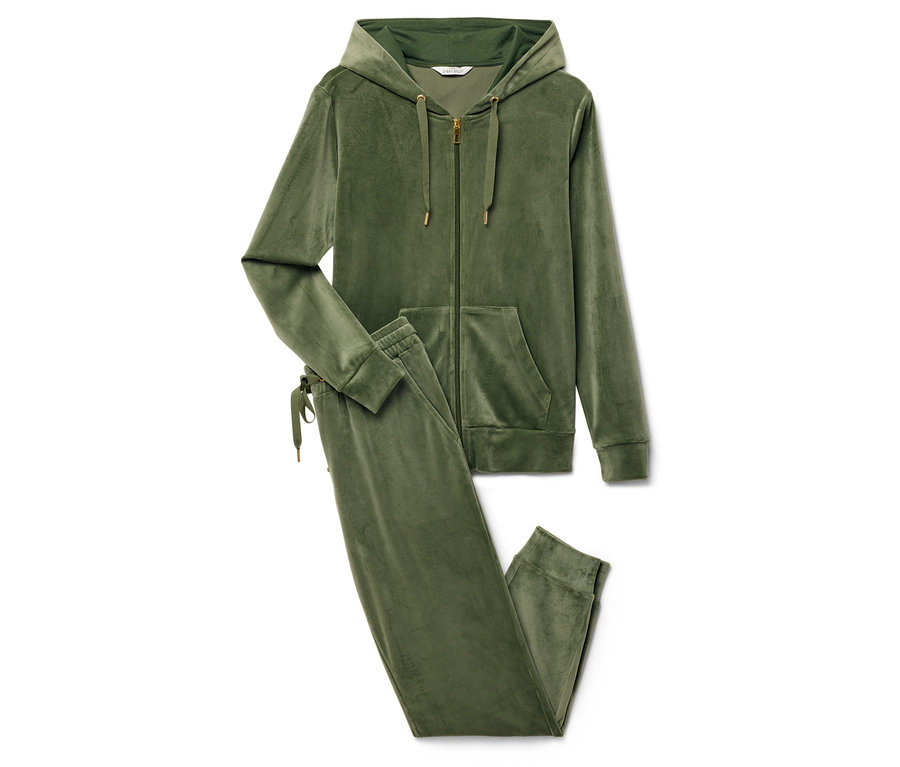 Zöld velúr tréningruha kapucnis felsővel és nadrággal.