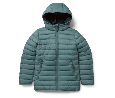 Kék-zöld 2 az 1-ben gyermek softshell és steppelt kabát kapucnival és cipzárral.