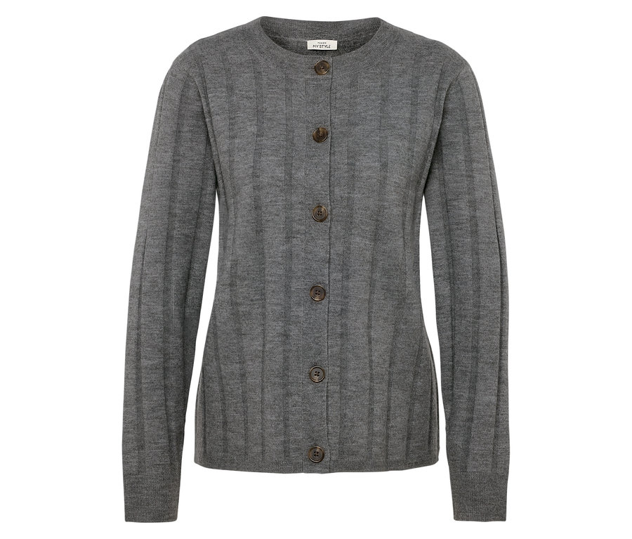 Szürke kötött kardigán barna gombokkal.