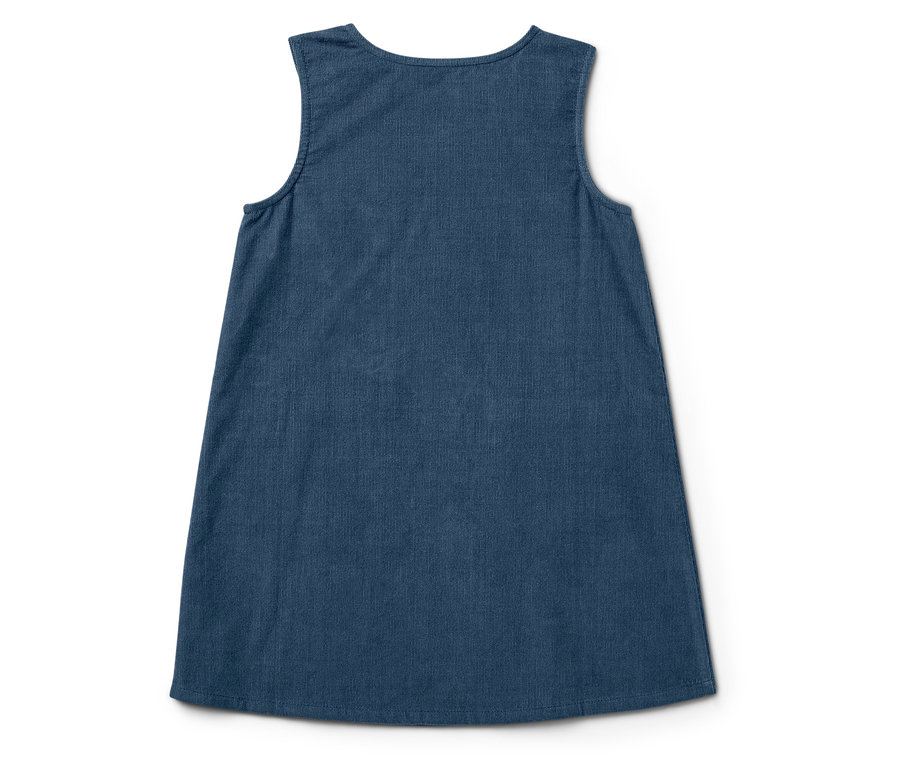 Egy ujjatlan kék ruha fehér háttéren.