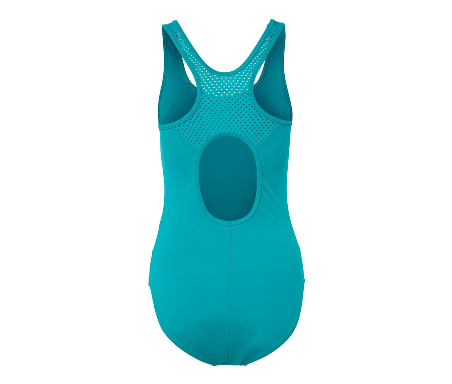 Türkiz sport fürdőruha kivágott hátrésszel és hálós betéttel.