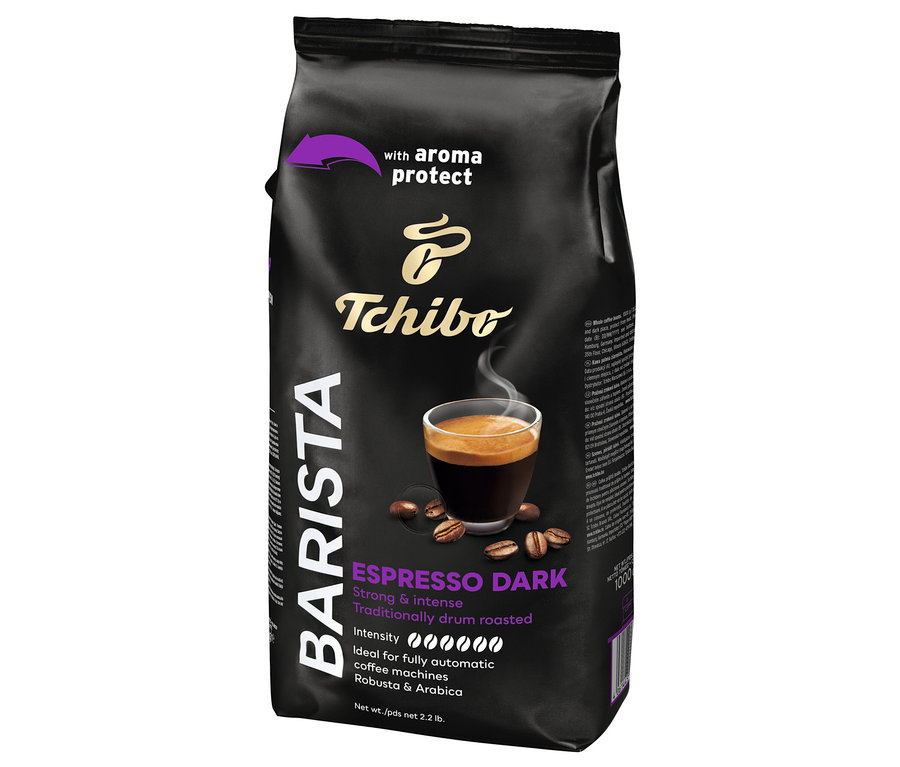 Egy csomag Tchibo BARISTA Espresso Dark szemes kávé. A csomagoláson egy csésze eszpresszó és kávébabok láthatók.