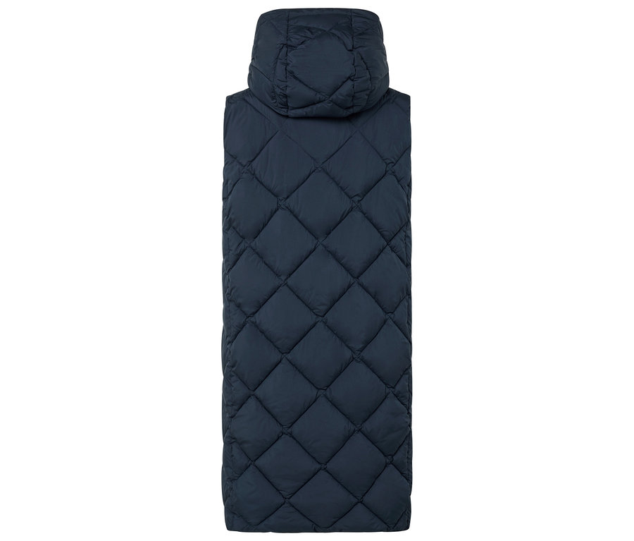 Sötétkék, steppelt, hosszú mellény kapucnival.