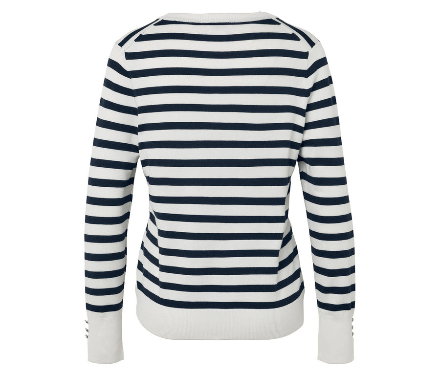 Hátulnézet egy tengerészkék-fehér csíkos, hosszú ujjú pulóverről.