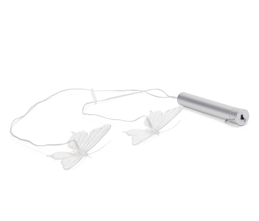 Két fehér pillangólámpa ezüst színű csőhöz rögzítve fehér háttér előtt.