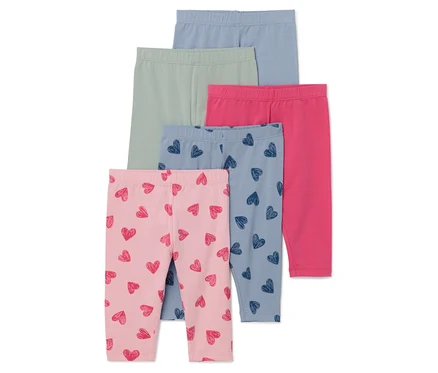 Öt pár gyermek leggings világoskék, zöld, rózsaszín, kék szívmintával és rózsaszín szívmintával.