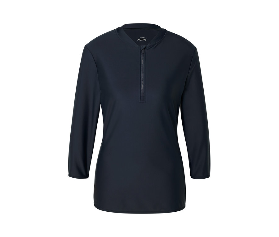 Sötétkék, hosszú ujjú, UV-szűrős sportfelső cipzárral.