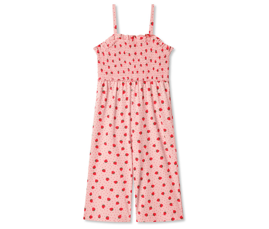 Egy rózsaszín, eper mintás, spagettipántos jumpsuit fekszik egy fehér háttéren.